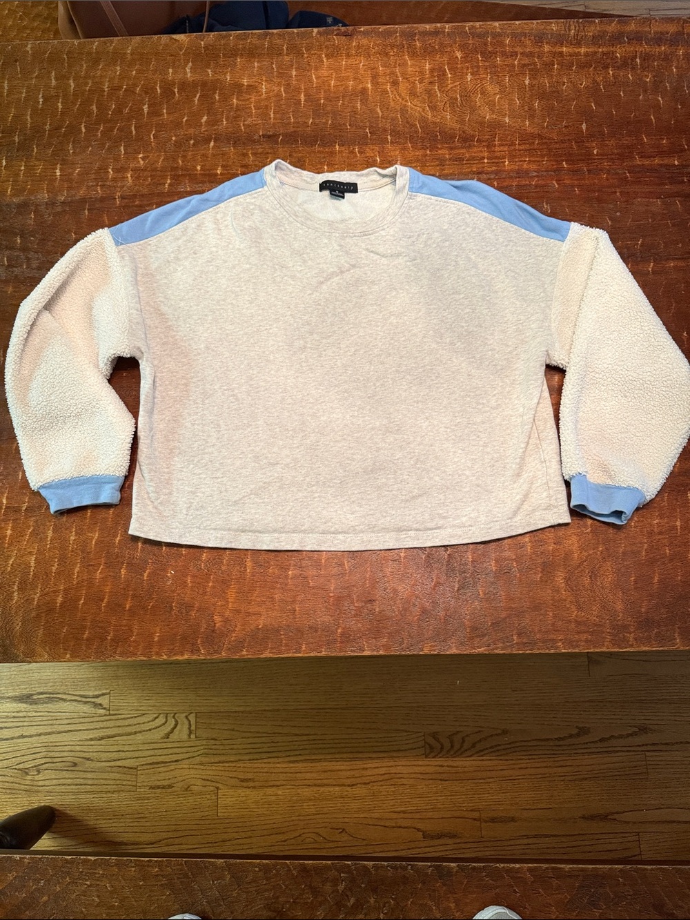 Sanctuary Cream Sherpa Crewneck Sweater with Light Blue Accents